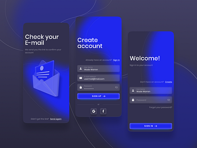 Login / Sign up screens blue blurred button concept dark mode design digital e mail figma glass glass effect illustration input interface mobile mobile ui ui uiux