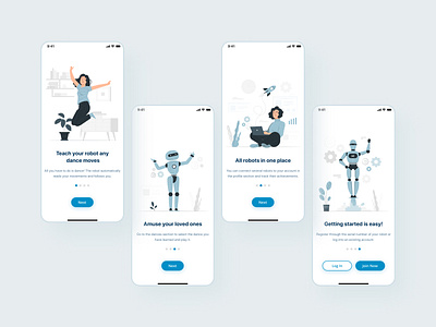 Onboarding UI for mobile app 🤖 2021 design android clean design cute flat ios iphone login minimal minimalism minimalistic mobile mobile app onboarding flow onboarding ui robots sign up ui ui elements ux