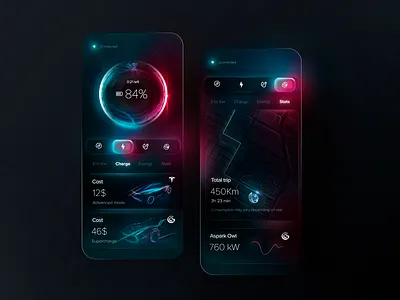 Electric car charger app concept car app charger dark mode electric car glassmorphism led mobile neon ui uidesign