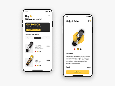 Skateboard Shop App Concept apple black board boards concept dark ui iphone light ui minimal minimalist shop skate skateboard skateboard graphics skateboarder skateboarding skater ui uidesign yellow