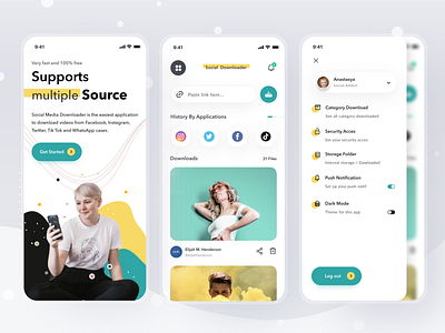 Social Downloader app card cards clean design download facebook image instagram ios login mobile profile saved simple social social media ui video