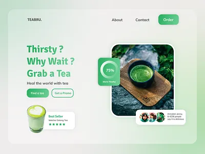 Tea landing page website clean cup delicious drink ecommerce food fruit glassmorphism green header healty hero landingpage matcha minimalist oolong order tea thirsty website