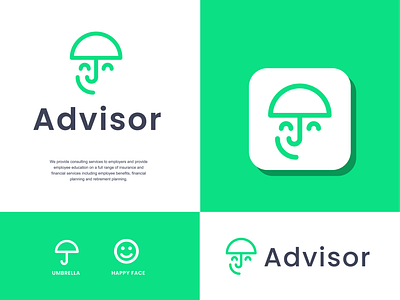 advisor insurance advice advisor clever consultancy consulting creative design face happy insurance joy life logo minimal safe simple umbrella