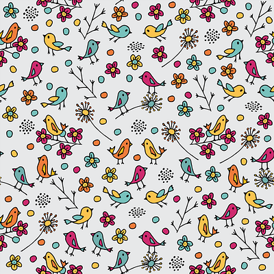 Birds and flowers pattern gray background animals baby shop birds black blue doodle flowers gray background hand drawn hand drawn illustration illustration orange pattern design pink pink flowers springtime summer twigs vector yelow