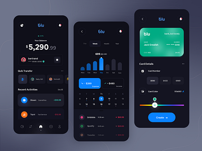 Blu Bank - NEO bank application app app design app ui applicaiton application bank bank card banking card chart clean dark design minimal neo bank ui userinterface ux