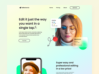 Image editing app landing page best shot best shots color pallete colors design glass morphism gradient image image editing image editor image manipulation minimalism photoshop ui userexperience userinterface ux webdesign