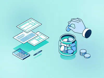 Retirement forms and documents calculator cash coin design document finance forms hand illustration isometric money paper pension retirement saving