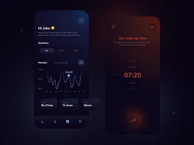 Sleep Tracking App - concept design app blue chart creative dark dark mode dark ui design ios merix mobile mobile app red sleep sleeping sweet ui uidesign user interface ux