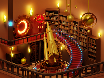 Observatory Room 3d 3d art astronomical blender book cycles gem illustration library magic observatory planet portal room steampunk telescope