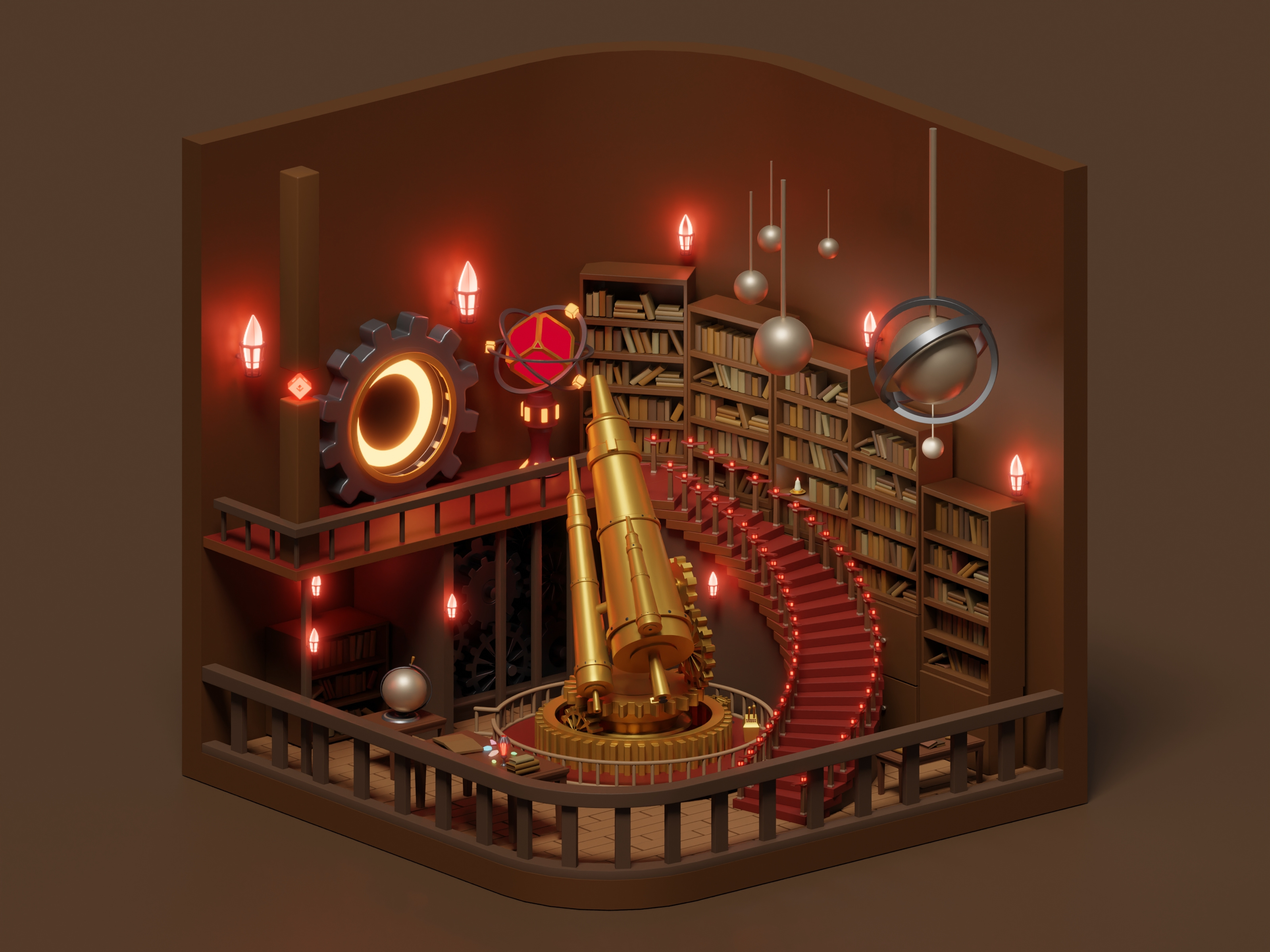 Magic Library 3d 3d art astronomical blender book cycles gem illustration library magic observatory planet portal room steampunk telescope