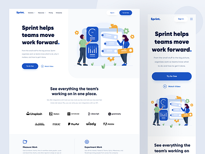 Sprint - Landing Page agile blue clean design designer illustration illustrations jira landing page project project management sprint ui uidesign ux uxdesign web web design website website design