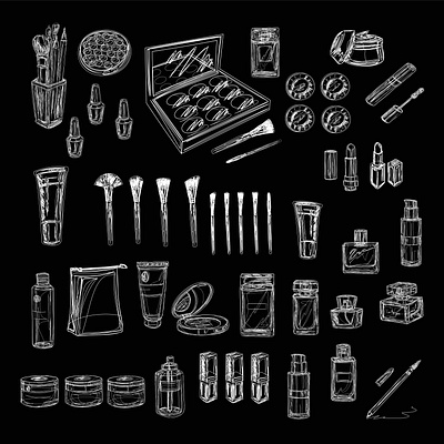 Decorative cosmetics and makeup brushes , top view. Makeup kit. collection cosmetics cosmetics logo decorative cosmetic decorative cosmetic design illustration line makeup makeup kit vector