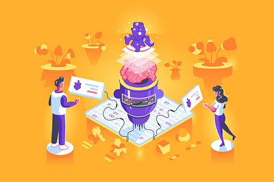 Artificial intelligence training to recognize in isometric style abstract ai artificial intelligence big data business character code data design flat flowers illustration isometric illustration isometry people plants robot robotics training vector