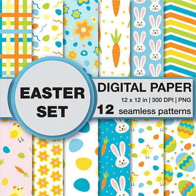 12 Easter pattern digital paper pack blue background carrot pattern colorful eggs digital papers floral pattern geometric patterns graphic design pattern art pattern design scrapbooking vector illustration white background yellow and blue