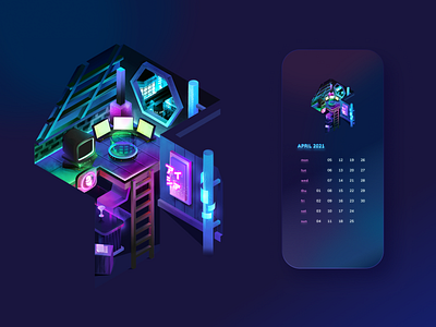 [April] Cyberpunk City 2021 Calendar 2021 2d isometric building calendar calendar ui city cyberpunk design futuristic glass gradient illustration isometric lights neon night scifi vector wip