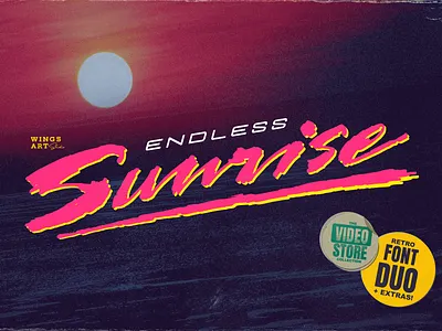 Endless Sunrise - Retro Script Font 1980s font 80s 80s vhs brush font endless sunrise film title hand made font ink texture painted font retro font retro style script font underlines vcr video video font vintage font wingsart