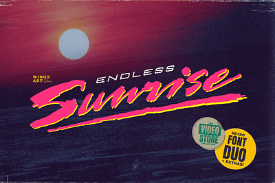 Endless Sunrise - Retro Script Font 1980s font 80s 80s vhs brush font endless sunrise film title hand made font ink texture painted font retro font retro style script font underlines vcr video video font vintage font wingsart