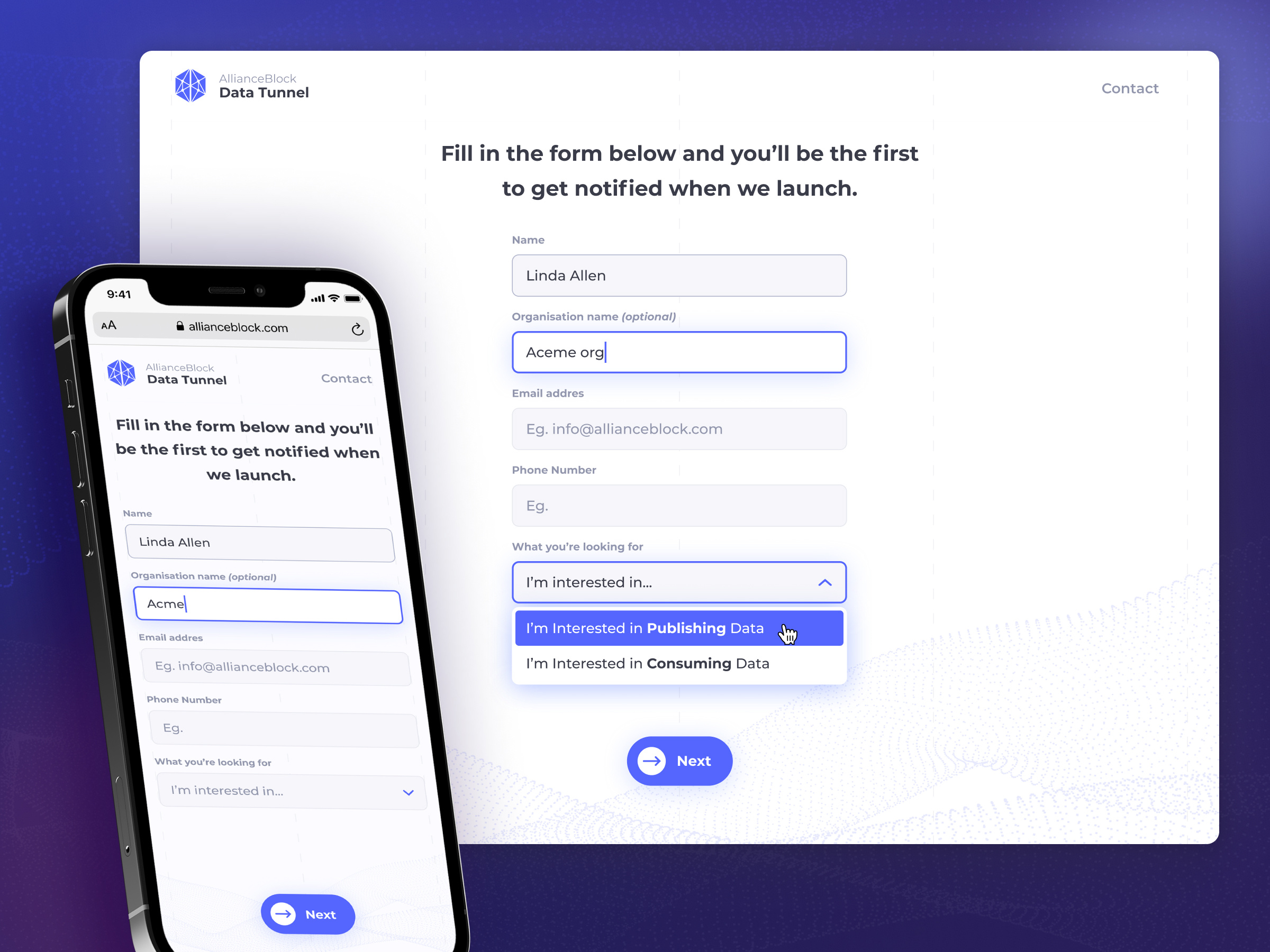 Example of AllianceBlock - Form to learn from users