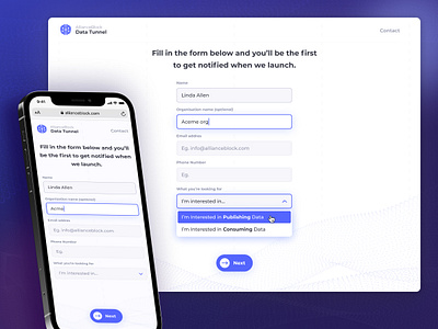 AllianceBlock - Form to learn from users bitcoin blockchain blue crypto dropdown finance form form design form fields gradient input multi step form research responsive web illustration