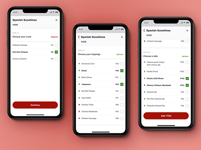 Menu customization screens-Pizza delivery app app design button design button ui checkbox clean ui design delivery app dividers ecommerce app food app modal window navigation bar product design productdesign uiux user experience ux user interface uxdesign