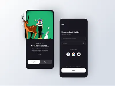 Adventures App 3d dailyui dark mode dark ui design dribbble free freebies illustration login page login screen mockups sign up ui ux