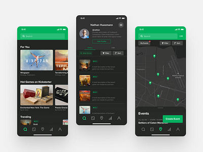 Cardboard Companion – Dark Mode app board game clean dark mode dark ui design digital flat green ios minimal proxima nova soft simple ui web