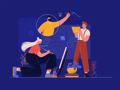 Working time 2d animation boy character design designers designs flat idea illustration man noice office paint plants vector worker workers