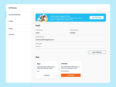 Account overview dashboard profile sport subscription website