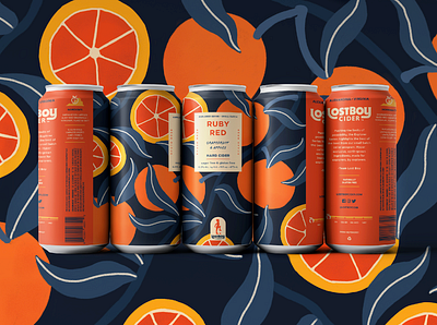 Lostboy Cider February Can: Ruby Red beverage beverage packaging branding can design cider craft cider food fruit grapefruit illustration label merch oranges package design packaging wrapping paper