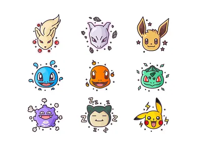 Pokemon set bulbasaur charmander emoji icon fast icon illustration lightning nintendo outline pikach pokeball pokecenter pokemon pokemon go squirtle throw video game wather