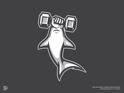 Hammerhead Shark + Dumbbell bold branding clean dumbbell fitness fitness branding hammerhead shark illustration logo logo design mascot logo shark shark mascot sports branding sports logo vector