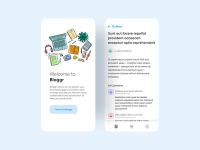 Bloggr UI Challenge app blog blog design blogger bloggers comments content dailyui design dribbble followers illustration minimal mobile app nepal social network ux