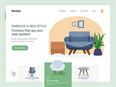 Furnico - Modern Furniture Website Concept. animation app app design branding chair clean dashboard design ecommerce furniture home illustration landing page design livingroom project table typography web web design website