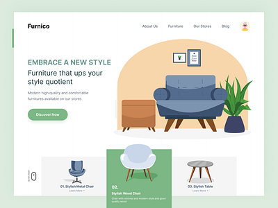 Furnico - Modern Furniture Website Concept. animation app app design branding chair clean dashboard design ecommerce furniture home illustration landing page design livingroom project table typography web web design website