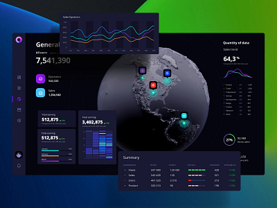 Template of data visualization on the world map airplane application chart dashboard dataviz design system figma local mobile neurosciense nocode orion pin planet prediction presentation template tracking world map