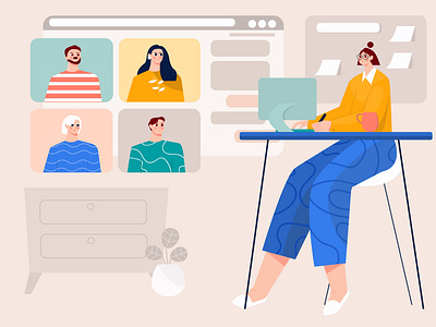 Virtual meeting with the team illustration b2b illustration business character chat illustration conversation flat ilustration group illustration meeting team team illustration vector videi chat video call video conference virtual virtual meeting woman woman illustration work from home