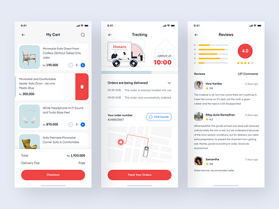 Donara - Ecommerce Mobile Apps 2 app card cart checkout comments delivery ecommerce ecommerce app illustration ios list maps market minimalist minimalistic mobile rating reviews tracking tracking app