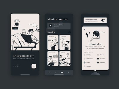 Focus on your mood app black and white concept app contrast control dark illustration inspiration interface mobile mood onboarding reminder task trend trend 2021