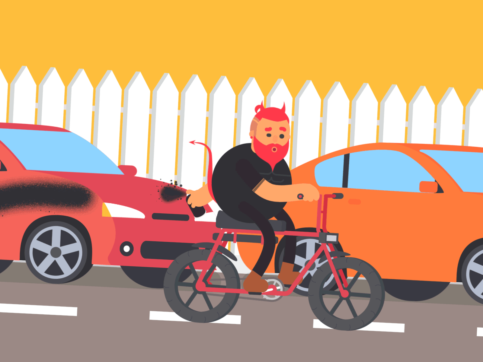 Just Messing around 2d 2d art 2danimation aftereffects animtion bicycle bike black cars devil dribble gif loop rood spray street