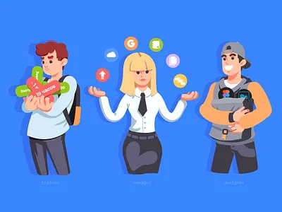 Trainee, manager, designer adobe illustrator art charactedesign character cute art design design art designer humans illustration man manager people people illustration trainee vector woman