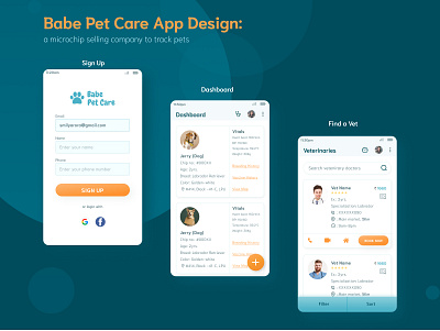 Babe Pet Care: A microchip selling company to track pets app dashboard app design dog microchip figma hybrid app design micro chip pet care process design ux design