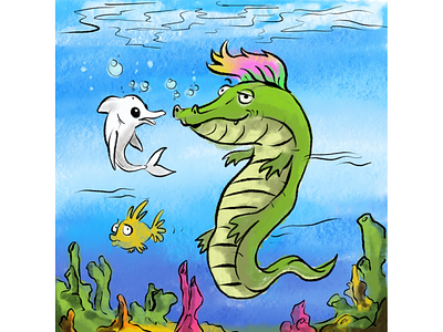 Fifi the dolphin and Ali the aligator alligator animals background design book children book illustration childrens book childrens illustration design illustration dolphin graphic illustration illustration