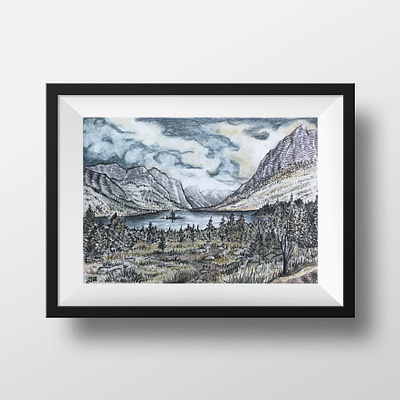 Alpine Lake Landscape in Tinted Charcoal charcoal commission hikeanddraw illustration ink national parks nature