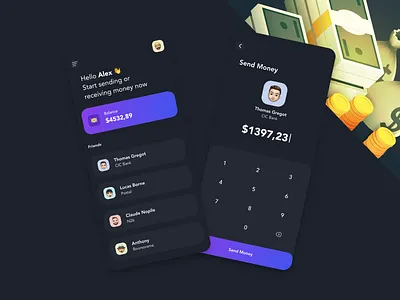 Send Money adobe xd app app design bank bank app banking banking app beautiful clean dark dark app dark ui design minimal money money app money transfer prototype redesign ui