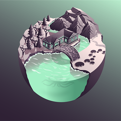 Octopus house art bridge forest house illustration isometric isometric illustration mountains nature art octopus trees vector