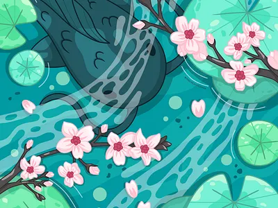 Sakura Pond adobe illustrator cherry blossom cherry blossom petals fish pond illustration lily pad oriental oriental pond pond sakura sakura season vector art vector illustration