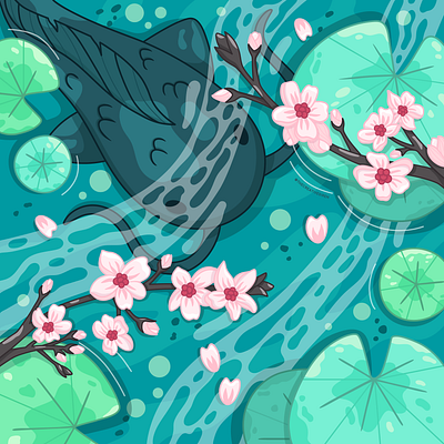 Sakura Pond adobe illustrator cherry blossom cherry blossom petals fish pond illustration lily pad oriental oriental pond pond sakura sakura season vector art vector illustration