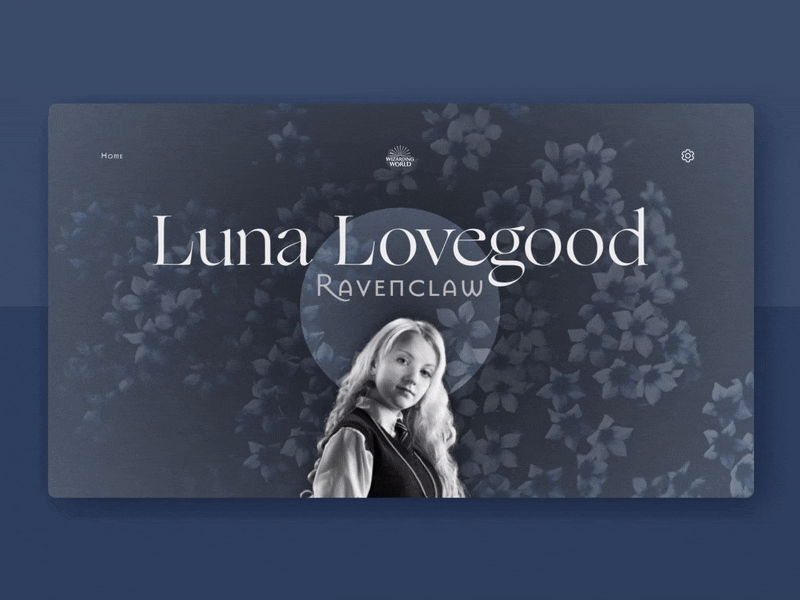 User Profile of Luna Lovegood adobe after effects blue daily 100 challenge daily ui dailyui dailyuichallenge day6 design figma harrypotter luna lovegood parallax photoshop ravenclaw redesign typography user profile website design wizarding world