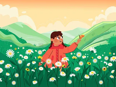 Spring 2d 2d art art artwork butterfly chamomile character colors design flat flower girl illustration illustrator spring sunset vector