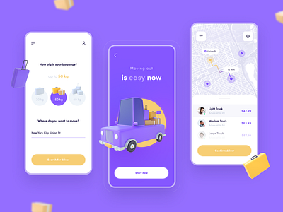 Moving Out - iOS 3d app c4d car design illustration ios truck ui ux violet yellow